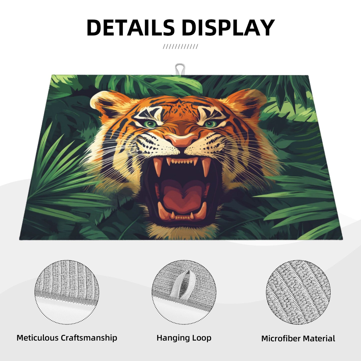 Roaring Tiger Jungle Drying Mat|Large Kitchen Dish Mat with Non-Slip Back|Highly Absorbent Microfiber|24×18 in with Hanging Loop