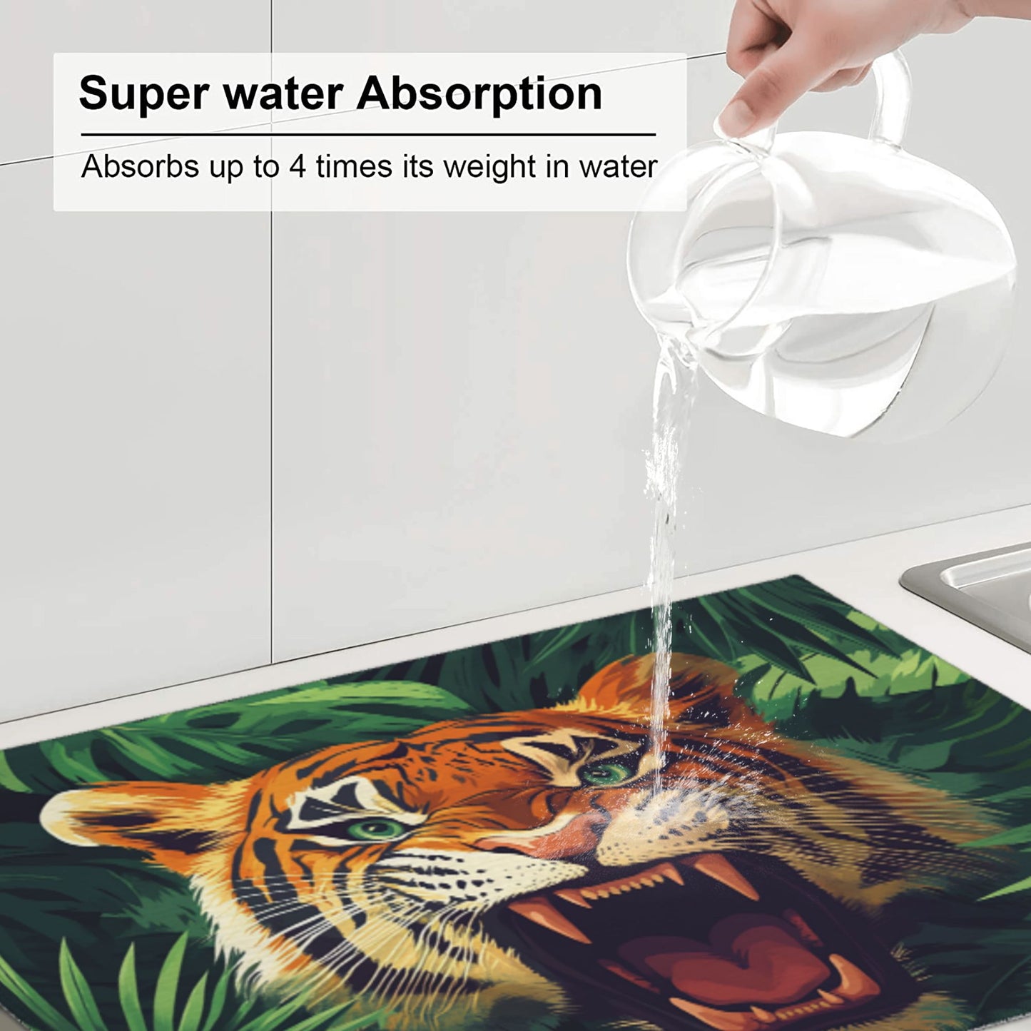Roaring Tiger Jungle Drying Mat|Large Kitchen Dish Mat with Non-Slip Back|Highly Absorbent Microfiber|24×18 in with Hanging Loop