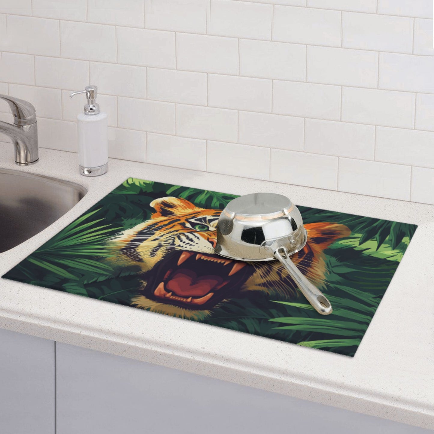 Roaring Tiger Jungle Drying Mat|Large Kitchen Dish Mat with Non-Slip Back|Highly Absorbent Microfiber|24×18 in with Hanging Loop