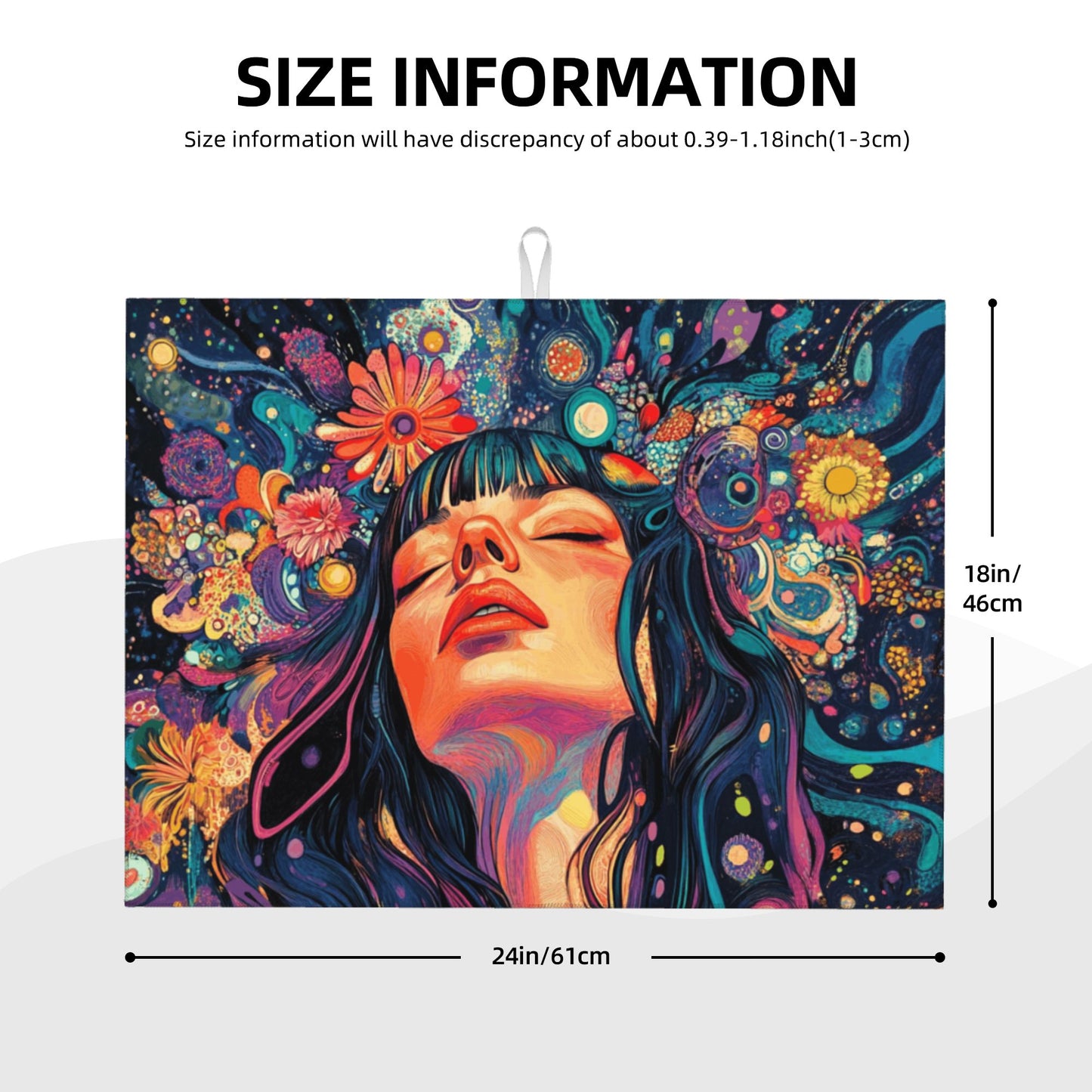 Psychedelic Woman Kitchen Drying Mat|Colorful Abstract Art Dish Mat|Large Size 24×18 in|Anti-Slip & Ultra-Absorbent