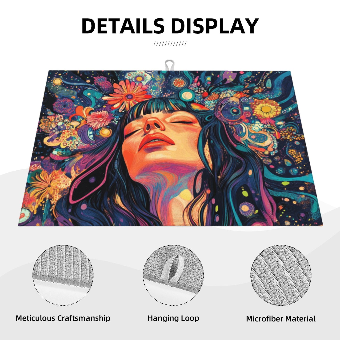 Psychedelic Woman Kitchen Drying Mat|Colorful Abstract Art Dish Mat|Large Size 24×18 in|Anti-Slip & Ultra-Absorbent