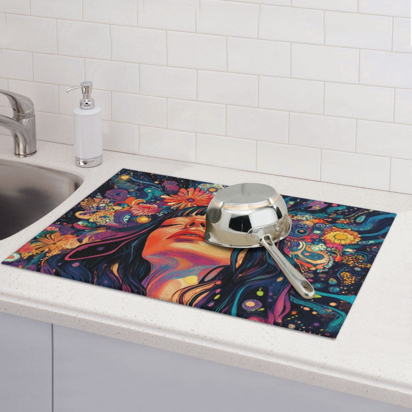 Psychedelic Woman Kitchen Drying Mat|Colorful Abstract Art Dish Mat|Large Size 24×18 in|Anti-Slip & Ultra-Absorbent