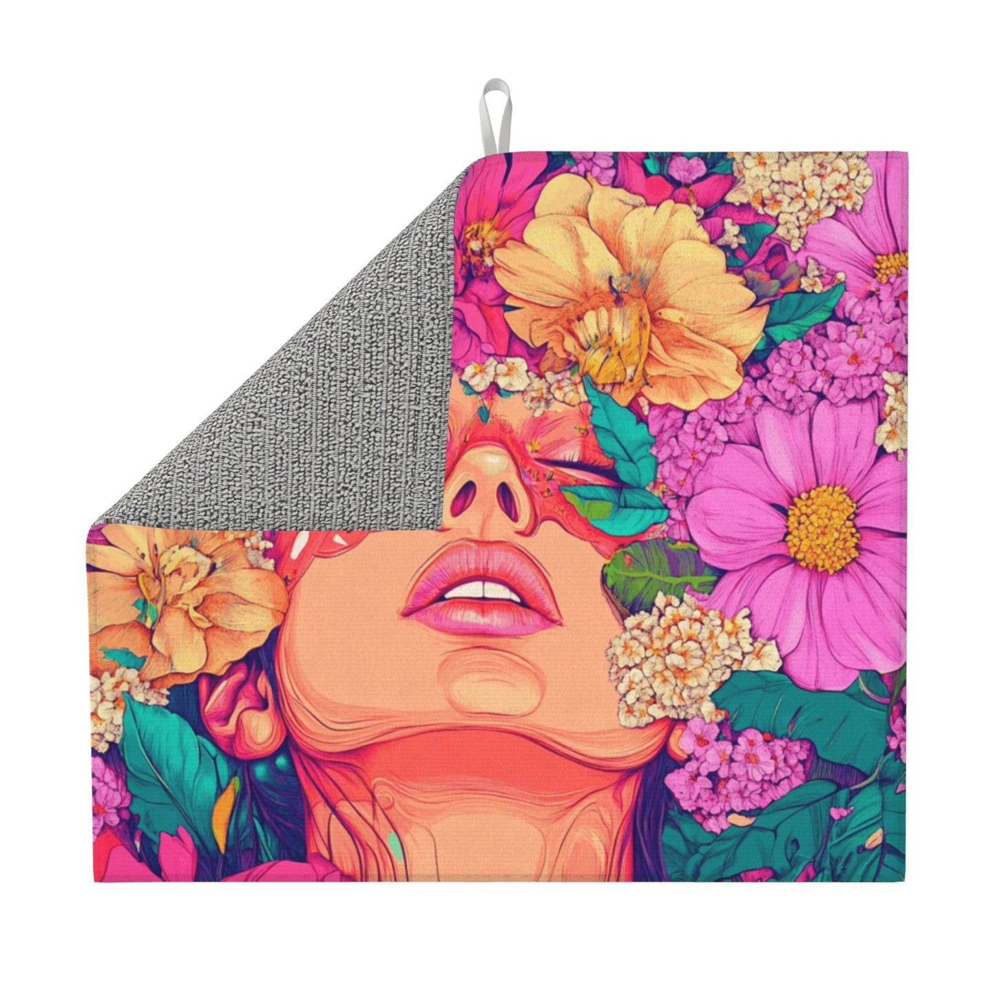 Art Woman Floral Drying Mat for Kitchen Counter | 16"x18" Absorbent & Non-Slip Dish Drying Pad | Machine Washable Microfiber Sink Mat with Artistic Print