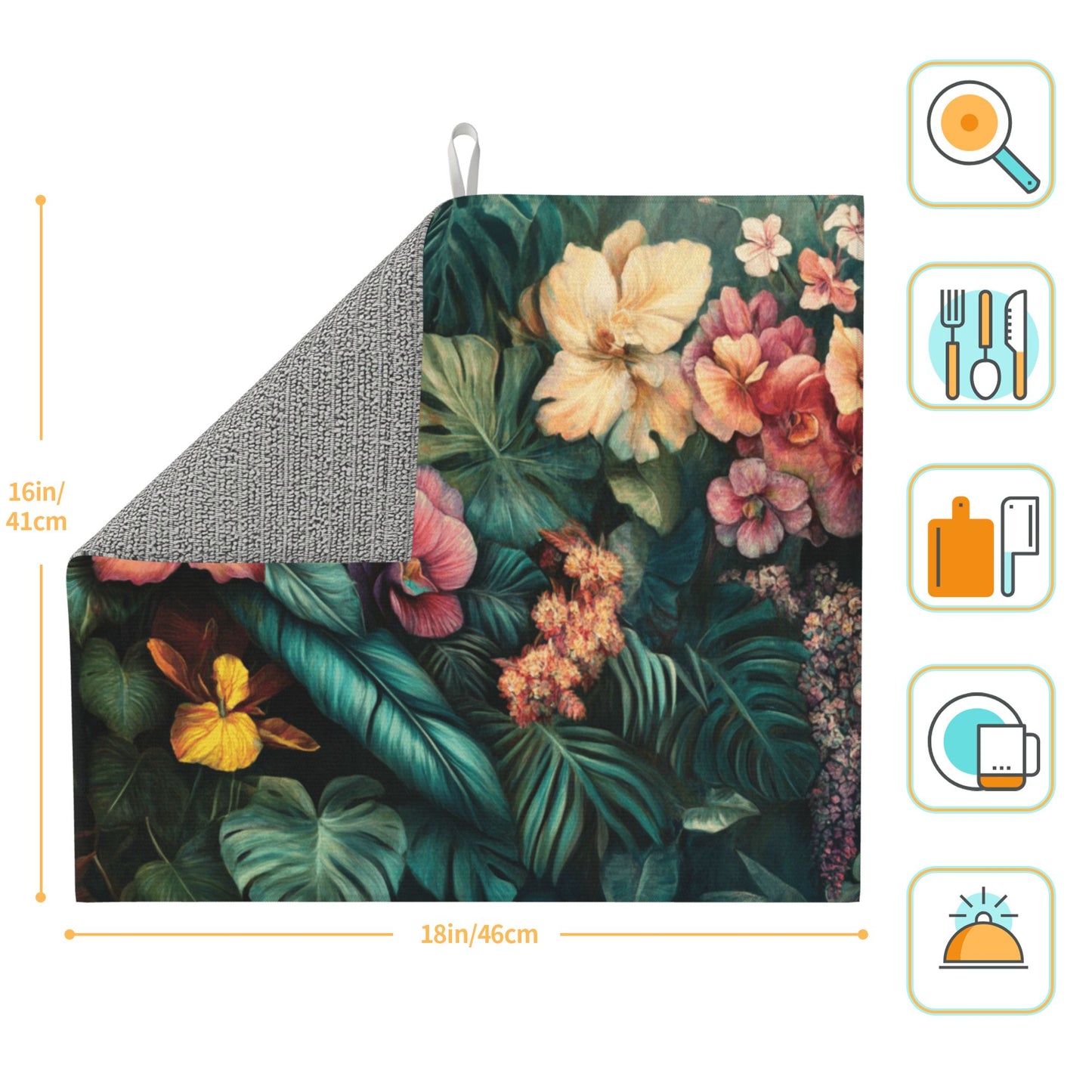 Tropical Floral Kitchen Drying Mat | 16"x18" Absorbent Counter Mat | Anti-Slip Microfiber Dish Mat | Machine Washable, Botanical Print