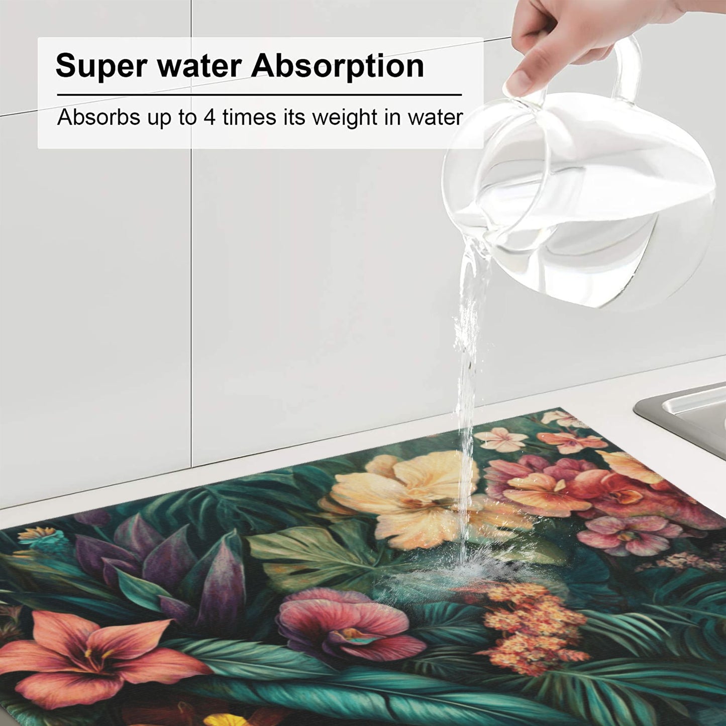 Tropical Floral Kitchen Drying Mat | 16"x18" Absorbent Counter Mat | Anti-Slip Microfiber Dish Mat | Machine Washable, Botanical Print