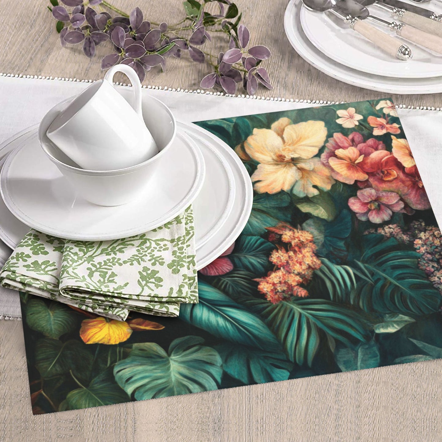 Tropical Floral Kitchen Drying Mat | 16"x18" Absorbent Counter Mat | Anti-Slip Microfiber Dish Mat | Machine Washable, Botanical Print