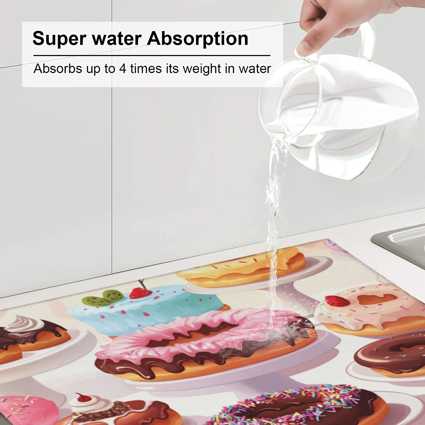Sweet Donuts Kitchen Drying Mat|Colorful Dessert Illustration Absorbent Dish Mat|16×18 Inch Non-Slip Microfiber Counter Mat