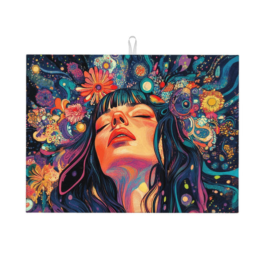 Psychedelic Woman Kitchen Drying Mat｜Colorful Abstract Art Dish Mat｜Large Size 24×18 in｜Anti-Slip & Ultra-Absorbent