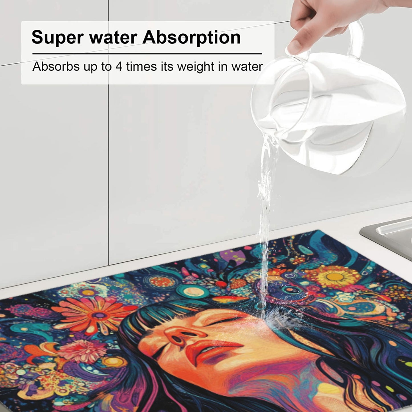 Psychedelic Woman Kitchen Drying Mat｜Colorful Abstract Art Dish Mat｜Large Size 24×18 in｜Anti-Slip & Ultra-Absorbent