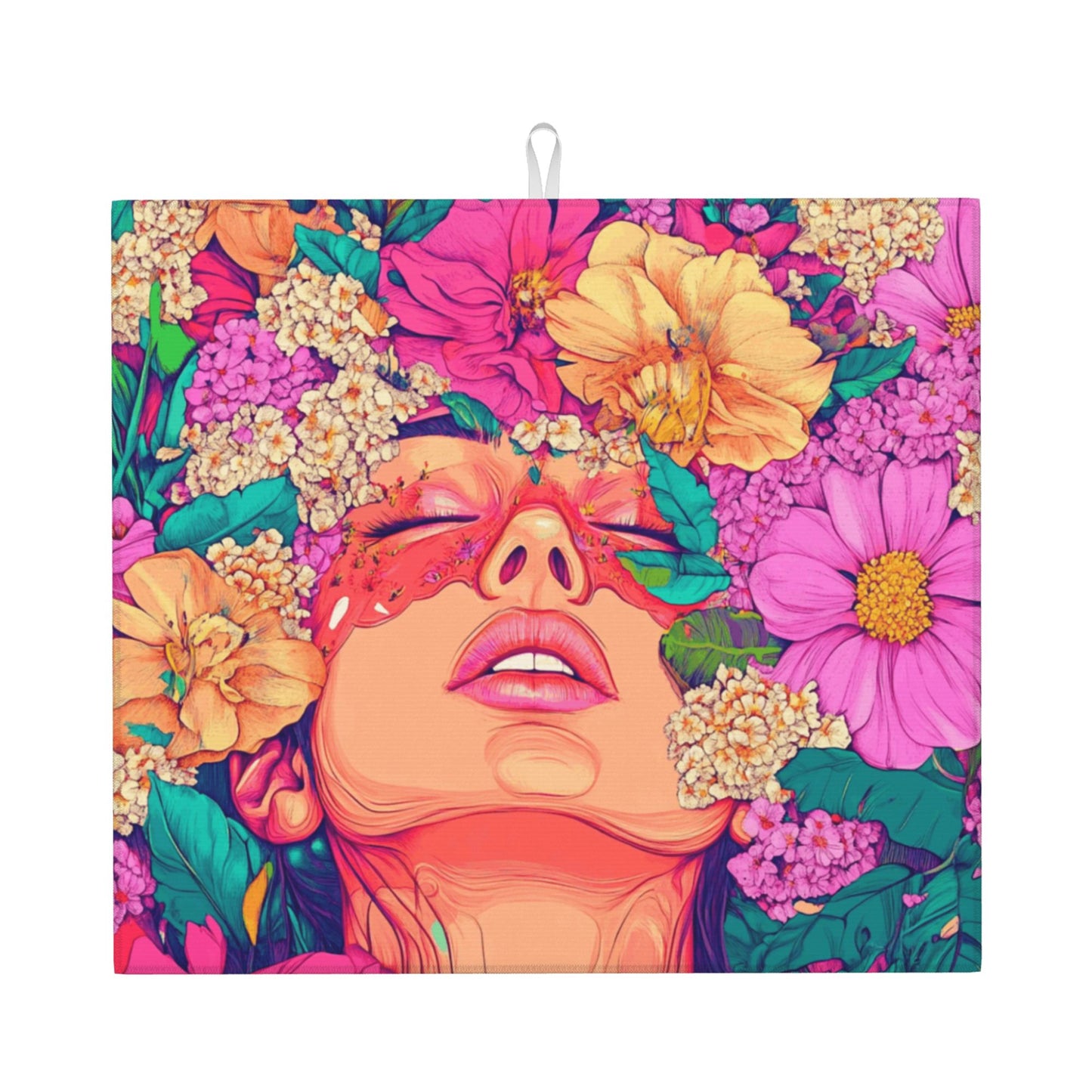 Art Woman Floral Drying Mat for Kitchen Counter | 16"x18" Absorbent & Non-Slip Dish Drying Pad | Machine Washable Microfiber Sink Mat with Artistic Print