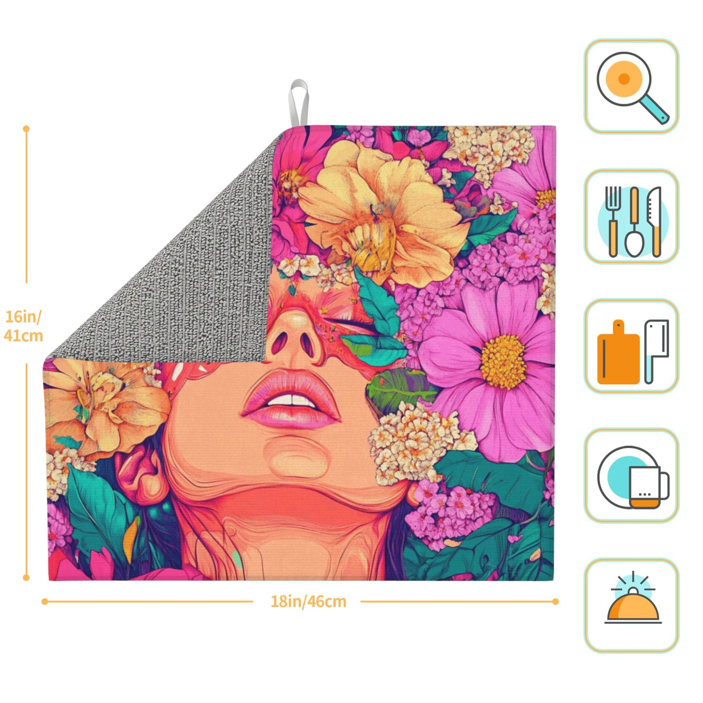 Art Woman Floral Drying Mat for Kitchen Counter | 16"x18" Absorbent & Non-Slip Dish Drying Pad | Machine Washable Microfiber Sink Mat with Artistic Print