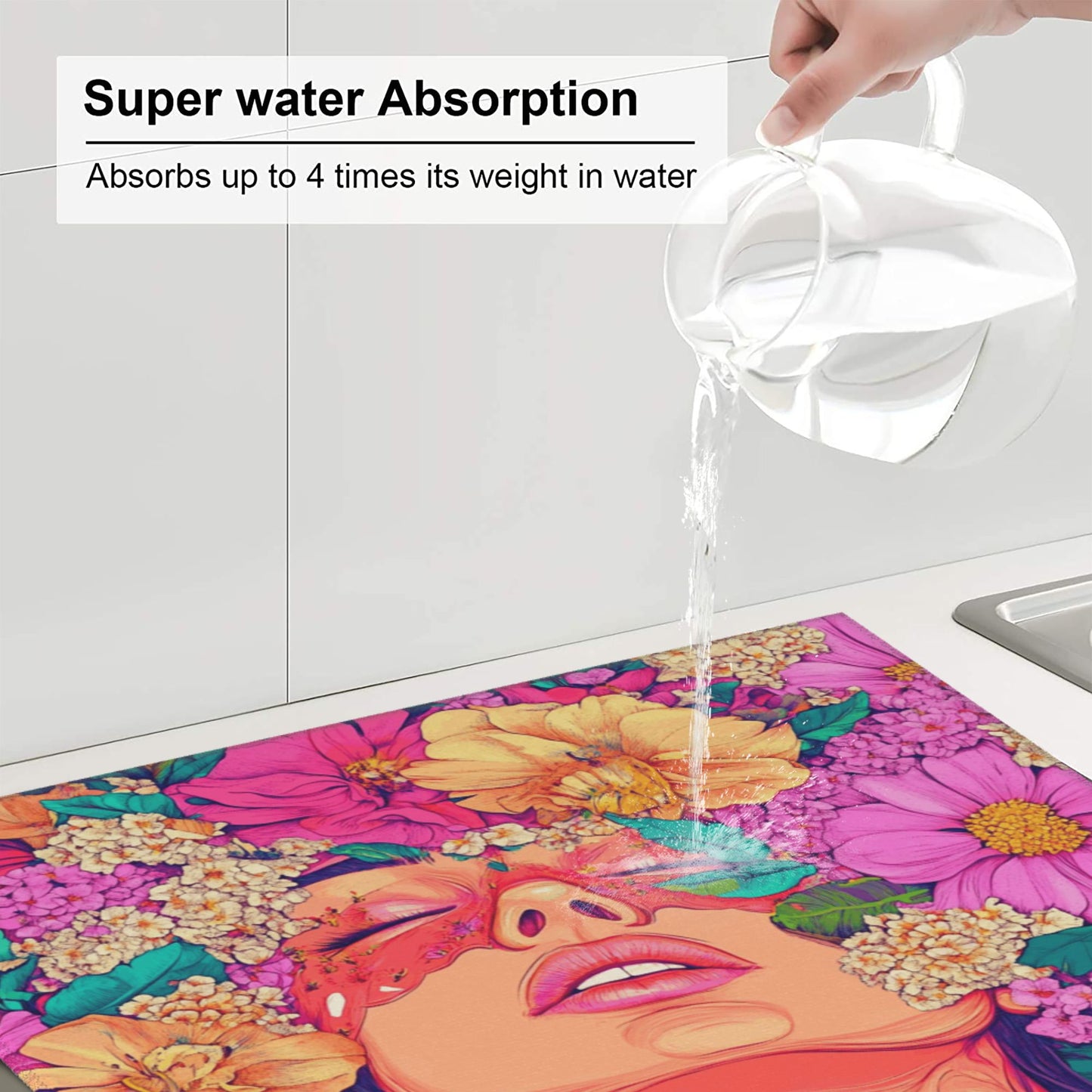 Art Woman Floral Drying Mat for Kitchen Counter | 16"x18" Absorbent & Non-Slip Dish Drying Pad | Machine Washable Microfiber Sink Mat with Artistic Print