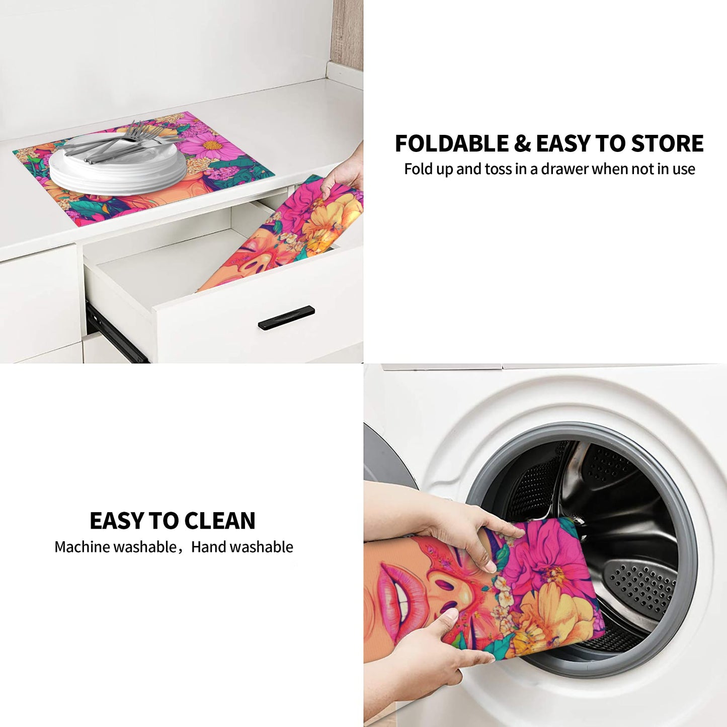 Art Woman Floral Drying Mat for Kitchen Counter | 16"x18" Absorbent & Non-Slip Dish Drying Pad | Machine Washable Microfiber Sink Mat with Artistic Print