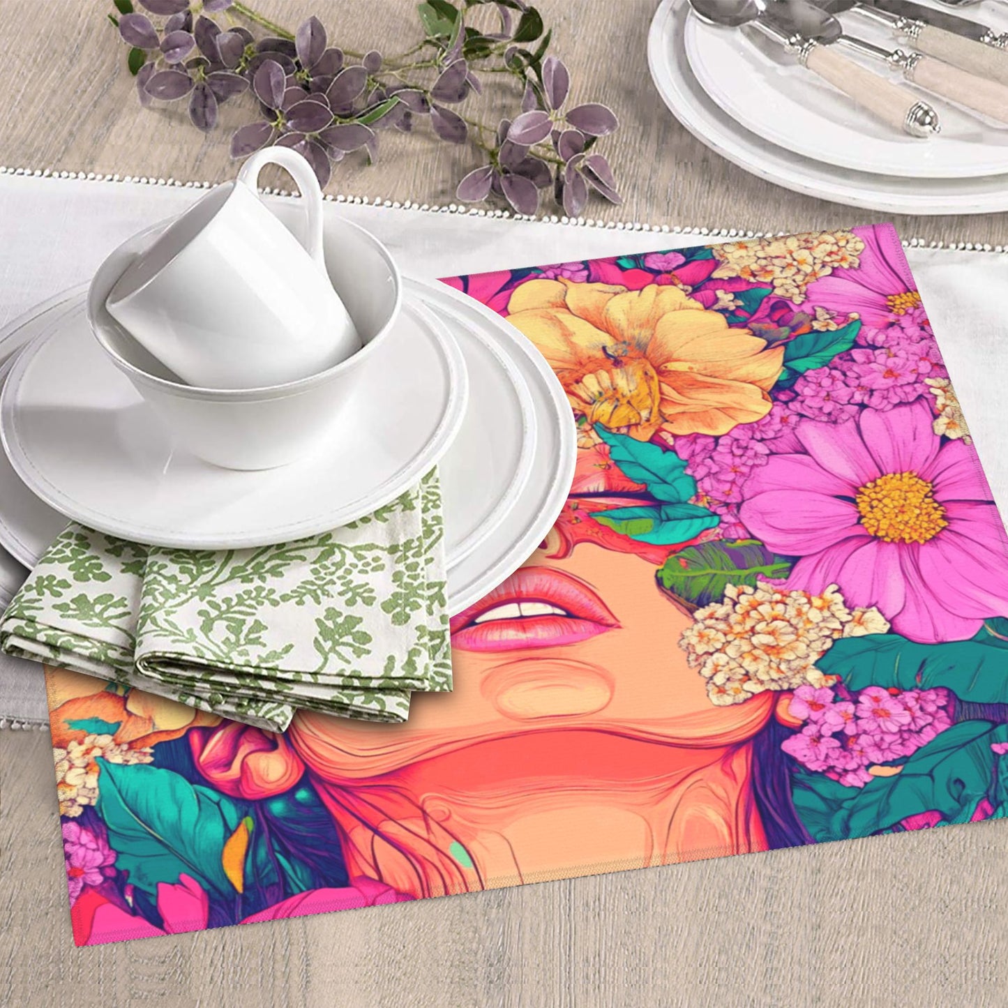 Art Woman Floral Drying Mat for Kitchen Counter | 16"x18" Absorbent & Non-Slip Dish Drying Pad | Machine Washable Microfiber Sink Mat with Artistic Print