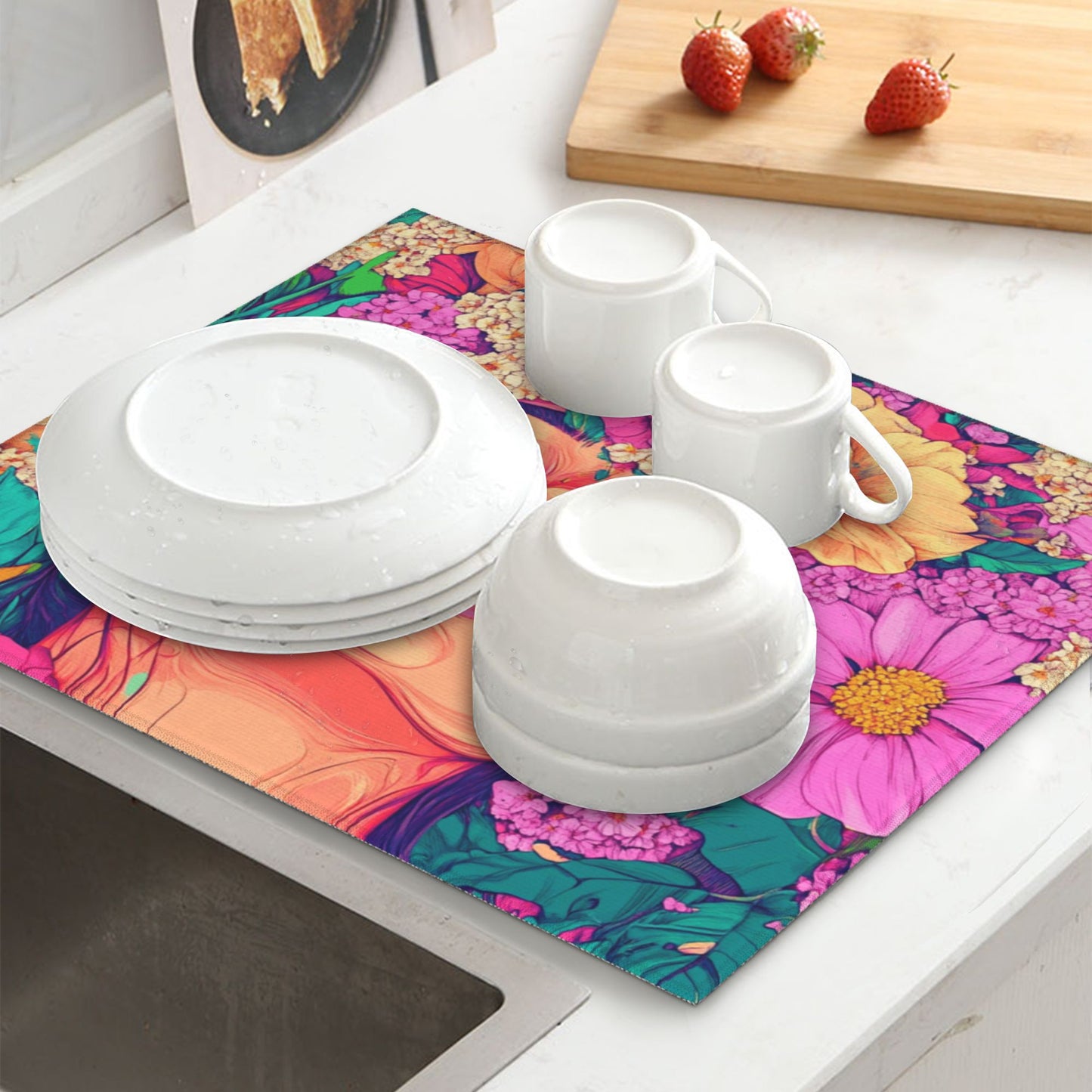 Art Woman Floral Drying Mat for Kitchen Counter | 16"x18" Absorbent & Non-Slip Dish Drying Pad | Machine Washable Microfiber Sink Mat with Artistic Print