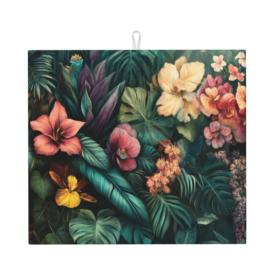 Tropical Floral Kitchen Drying Mat | 16"x18" Absorbent Counter Mat | Anti-Slip Microfiber Dish Mat | Machine Washable, Botanical Print