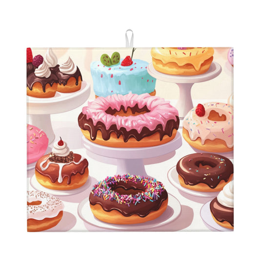 Sweet Donuts Kitchen Drying Mat｜Colorful Dessert Illustration Absorbent Dish Mat｜16×18 Inch Non-Slip Microfiber Counter Mat