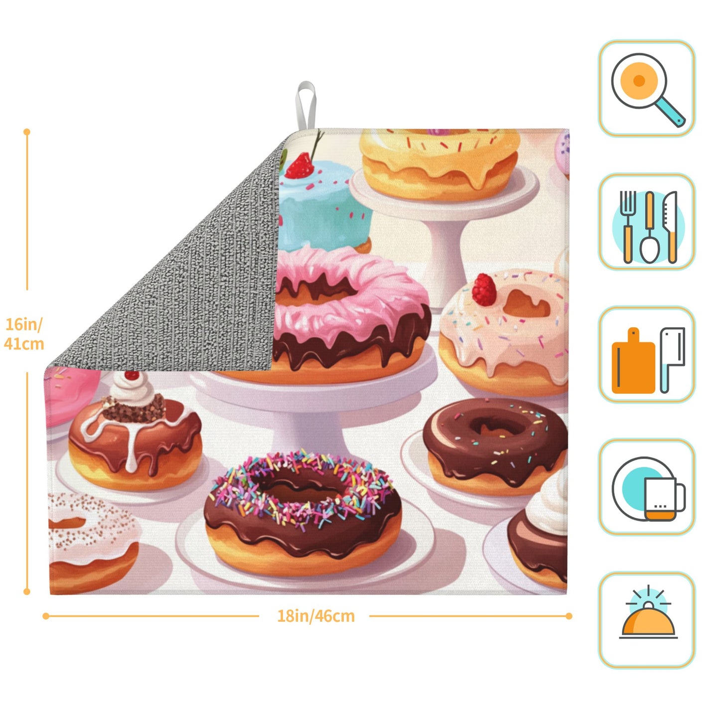 Sweet Donuts Kitchen Drying Mat｜Colorful Dessert Illustration Absorbent Dish Mat｜16×18 Inch Non-Slip Microfiber Counter Mat