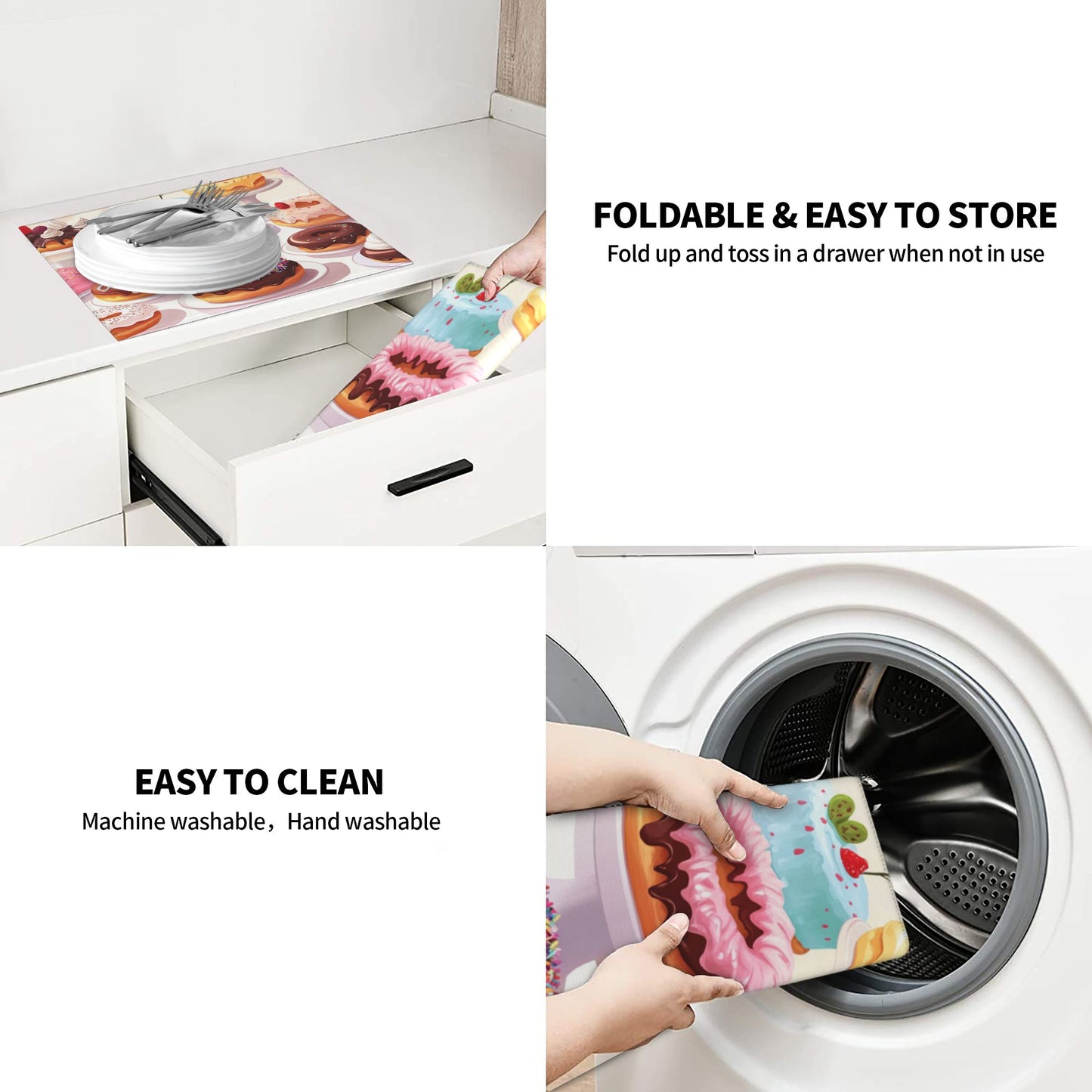 Sweet Donuts Kitchen Drying Mat｜Colorful Dessert Illustration Absorbent Dish Mat｜16×18 Inch Non-Slip Microfiber Counter Mat